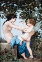 A RECTANGULAR PORCELAIN PLAQUE, 'A YOUNG GIRL DEFENDING HERSELF AGAINST LOVE', LATE 19TH CENTURY