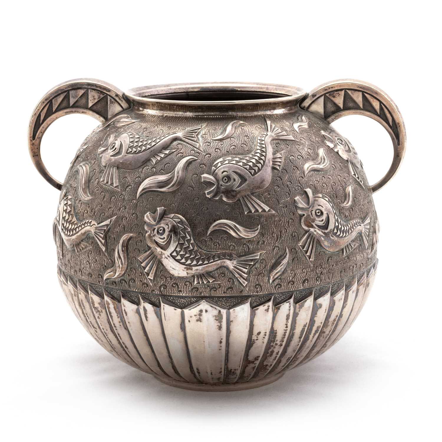 AN ART DECO PORTUGUESE SILVER TWO-HANDLED VASE