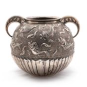 AN ART DECO PORTUGUESE SILVER TWO-HANDLED VASE