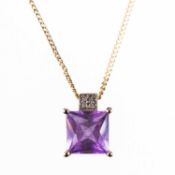 A 9 CARAT YELLOW GOLD AMETHYST AND DIAMOND PENDANT NECKLACE