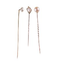 THREE 19TH/ 20TH CENTURY PEARL STICK PINS