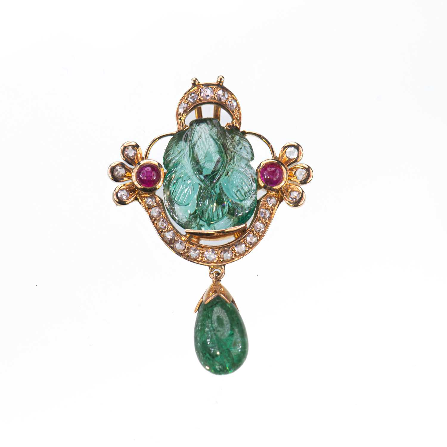 A YELLOW GOLD EMERALD, RUBY AND DIAMOND PENDANT