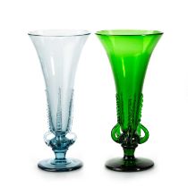 EDVIN OLLERS FOR KOSTA, TWO COLOURED GLASS VASES WITH LUGS, EARLY 20TH CENTURY