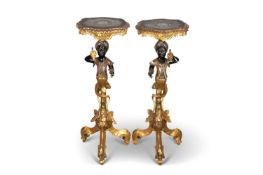 A PAIR OF VENETIAN POLYCHROME AND GILDED, CARVED BLACKAMOOR GUERIDONS, 19TH CENTURY
