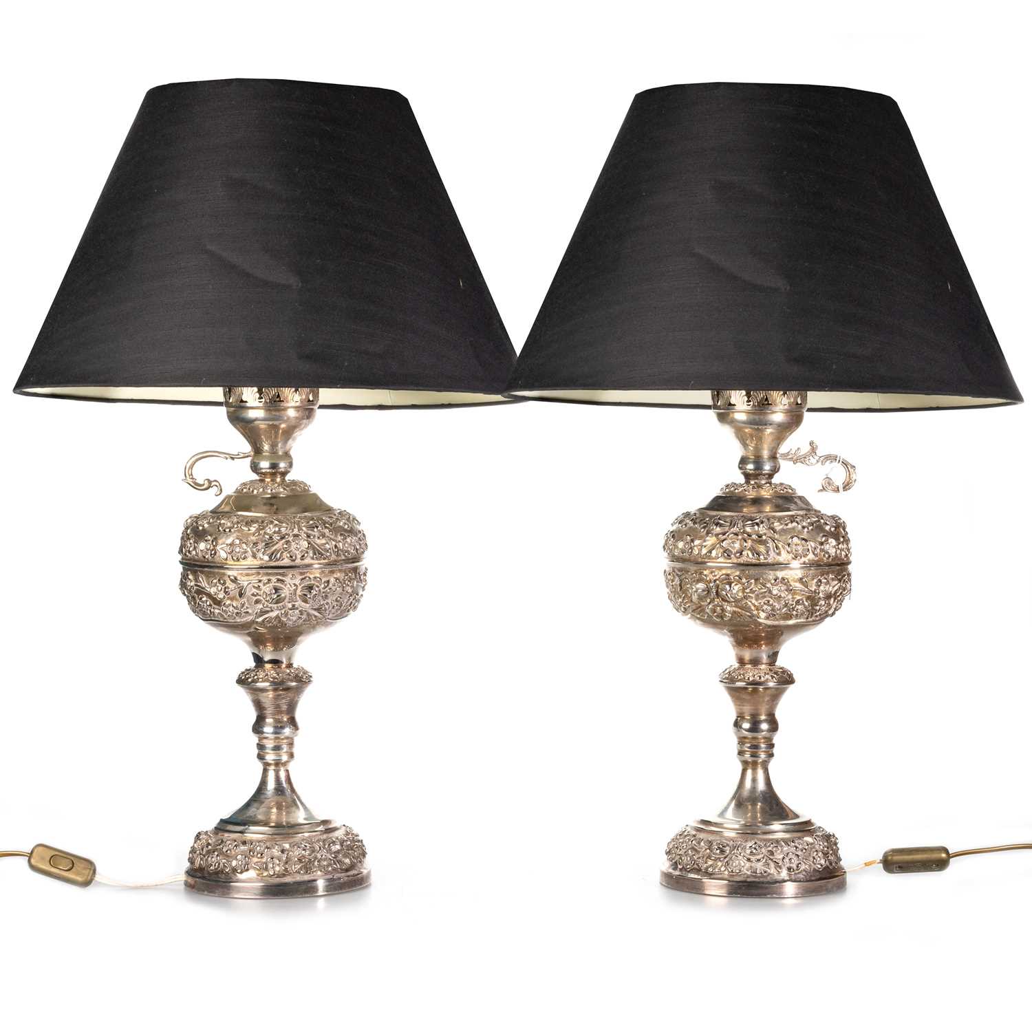 A PAIR OF GREEK SILVER-PLATED LAMPS
