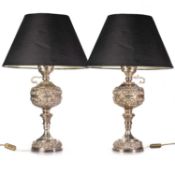 A PAIR OF GREEK SILVER-PLATED LAMPS