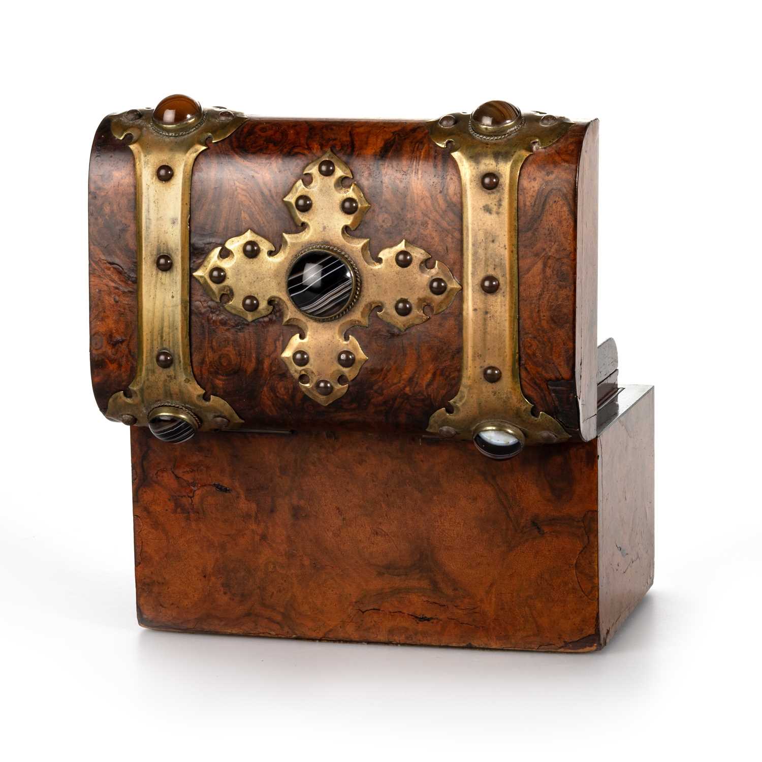 A VICTORIAN BRASS AND AGATE MOUNTED BURR WALNUT TEA CADDY - Image 3 of 3