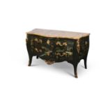 A LOUIS XV STYLE MARBLE-TOPPED, ORMOLU-MOUNTED AND CHINOISERIE LACQUER COMMODE