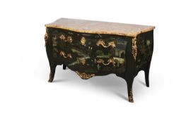 A LOUIS XV STYLE MARBLE-TOPPED, ORMOLU-MOUNTED AND CHINOISERIE LACQUER COMMODE