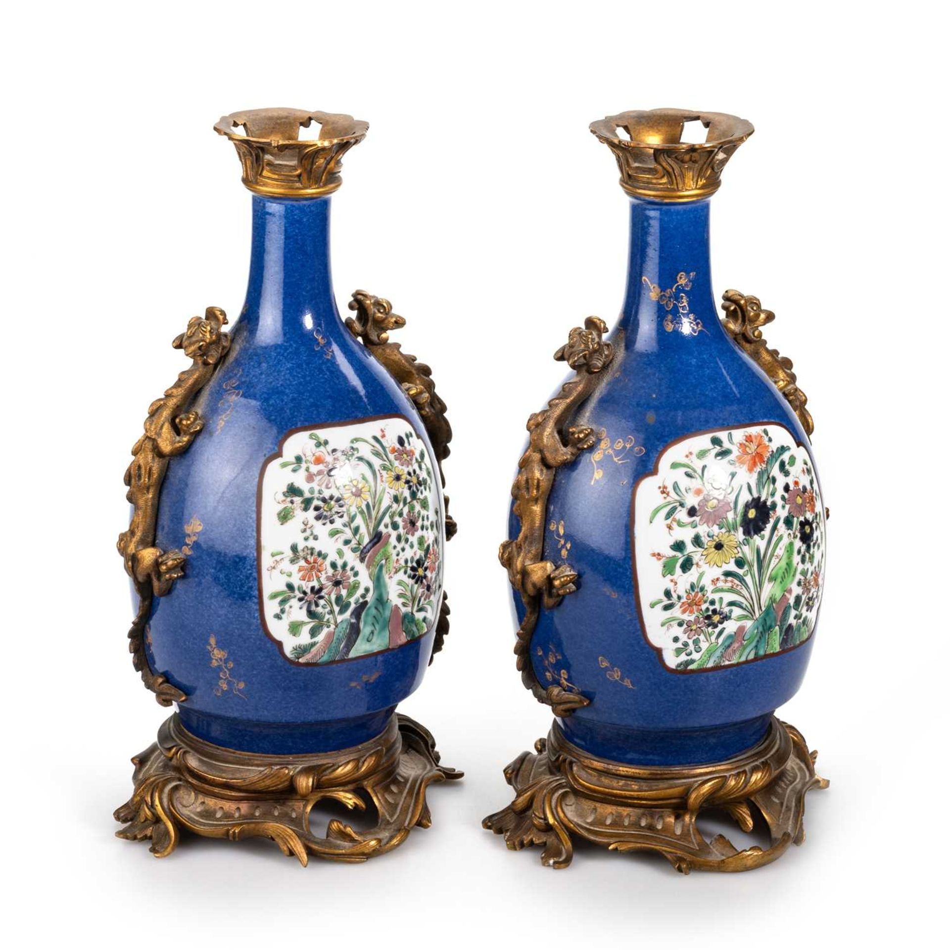 A PAIR OF ORMOLU-MOUNTED POWDER-BLUE-GROUND AND FAMILLE VERTE BOTTLE VASES - Image 2 of 2