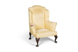 AN 18TH CENTURY STYLE MAHOGANY AND UPHOLSTERED WING-BACK ARMCHAIR, 19TH CENTURY