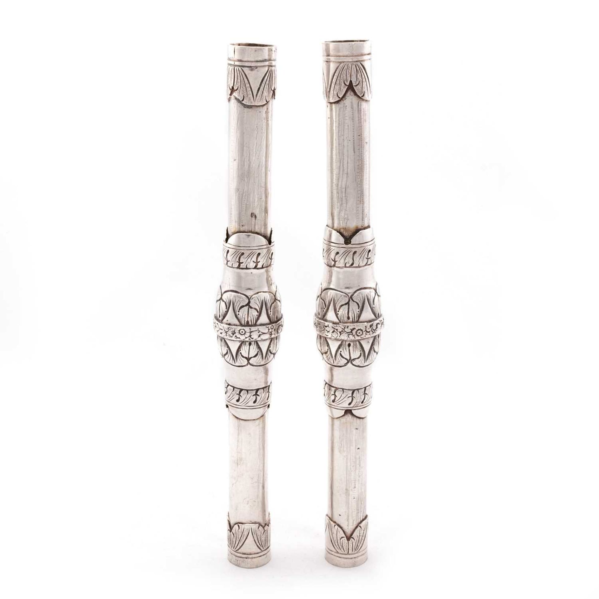 A PAIR OF SPANISH COLONIAL SILVER SCROLL HOLDERS OR CEREMONIAL BATONS - Image 2 of 2