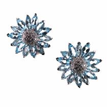 A PAIR OF AQUAMARINE AND DIAMOND FLOWER CLUSTER EARRINGS