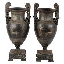 A PAIR OF NEAPOLITAN BRONZE PATINATED SPELTER VASES, CIRCA 1900