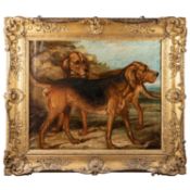 19TH CENTURY NAIVE ENGLISH SCHOOL PORTRAIT OF TWO HOUNDS IN A LANDSCAPE