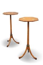 A PAIR OF SHERATON STYLE PAINTED SATINWOOD TRIPOD TABLES, LATE 19TH CENTURY