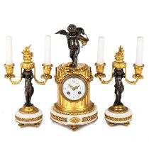 A 19TH CENTURY FRENCH BRONZE AND MARBLE GARNITURE DE CHEMINÉE