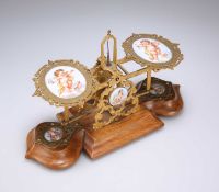 S. MORDAN & CO, LONDON, A SET OF GILT-METAL, WALNUT AND PORCELAIN POSTAGE SCALES, 19TH CENTURY