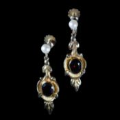 A PAIR OF 9 CARAT YELLOW GOLD GARNET AND PEARL DROP EARRINGS