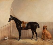 CIRCLE OF ALBERT CLARK (1821-1909) A SADDLED HORSE IN A STABLE WITH TWO DOGS