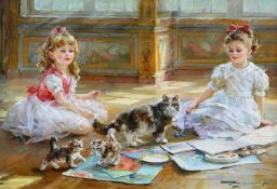 KONSTANTIN RAZUMOV (RUSSIAN BORN 1974) INTERIOR SCENE WITH CHILDREN, CAT AND KITTENS