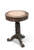A 19TH CENTURY CHINESE MARBLE-INSET HARDWOOD TRIPOD TABLE