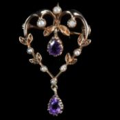 AN EDWARDIAN STYLE 9 CARAT YELLOW GOLD AMETHYST AND SEED PEARL HEART SHAPED BROOCH/ PENDANT