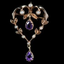 AN EDWARDIAN STYLE 9 CARAT YELLOW GOLD AMETHYST AND SEED PEARL HEART SHAPED BROOCH/ PENDANT