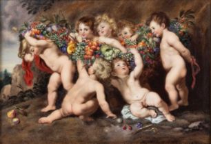 A BERLIN PORCELAIN RECTANGULAR PLAQUE, 'THE GARLAND OF FRUIT', LATE 19TH CENTURY