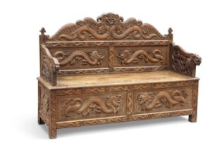 A 19TH CENTURY CHINESE CARVED HARDWOOD BENCH