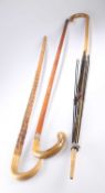 TWO HORN HANDLED WALKING STICKS AND A PARASOL