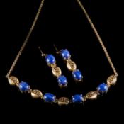 A YELLOW GOLD AND SYNTHETIC STAR SAPPHIRE NECKLACE AND EARRINGS