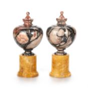 A PAIR OF 19TH CENTURY RHODONITE AND SIENNA MARBLE VASES AND COVERS