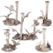PATRICK MAVROS: A SUITE OF SILVER CANDLESTICKS AND CENTREPIECE FEATURING SANDGROUSE