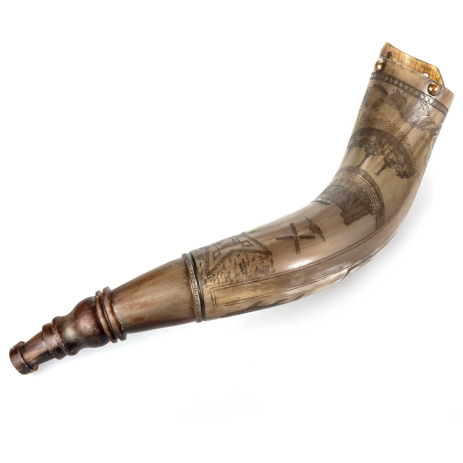 A SCRIMSHAW DECORATED POWDER HORN - Image 5 of 6