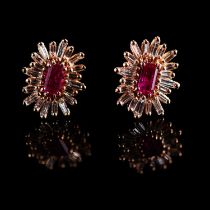 A PAIR OF 18K ROSE GOLD RUBY AND DIAMOND STUD EARRINGS