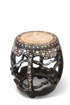 A 19TH CENTURY CHINESE MOTHER-OF-PEARL INLAID HARDWOOD BARREL-SHAPED JARDINIÈRE STAND