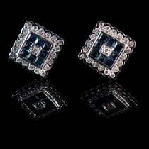 A PAIR OF 18 CT WHITE GOLD SAPPHIRE AND DIAMOND SQUARE CLUSTER STUD EARRINGS