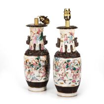 A PAIR OF CHINESE FAMILLE ROSE CRACKLE-GLAZE VASES, 19TH CENTURY