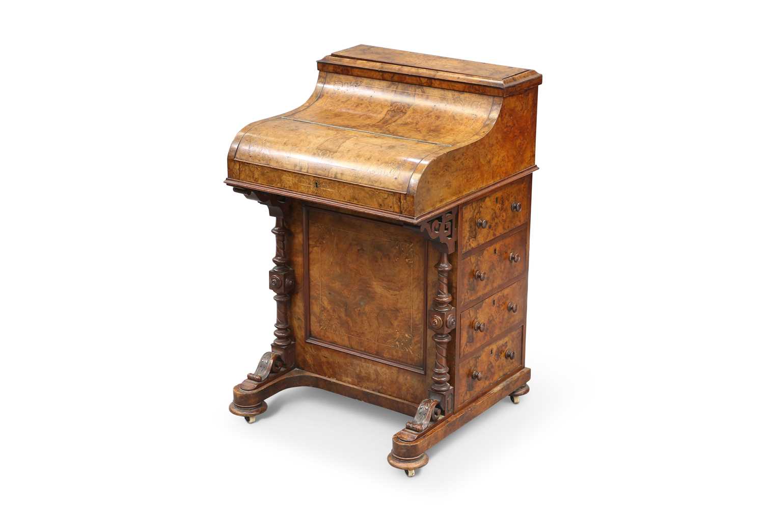 A VICTORIAN INLAID BURR WALNUT DAVENPORT