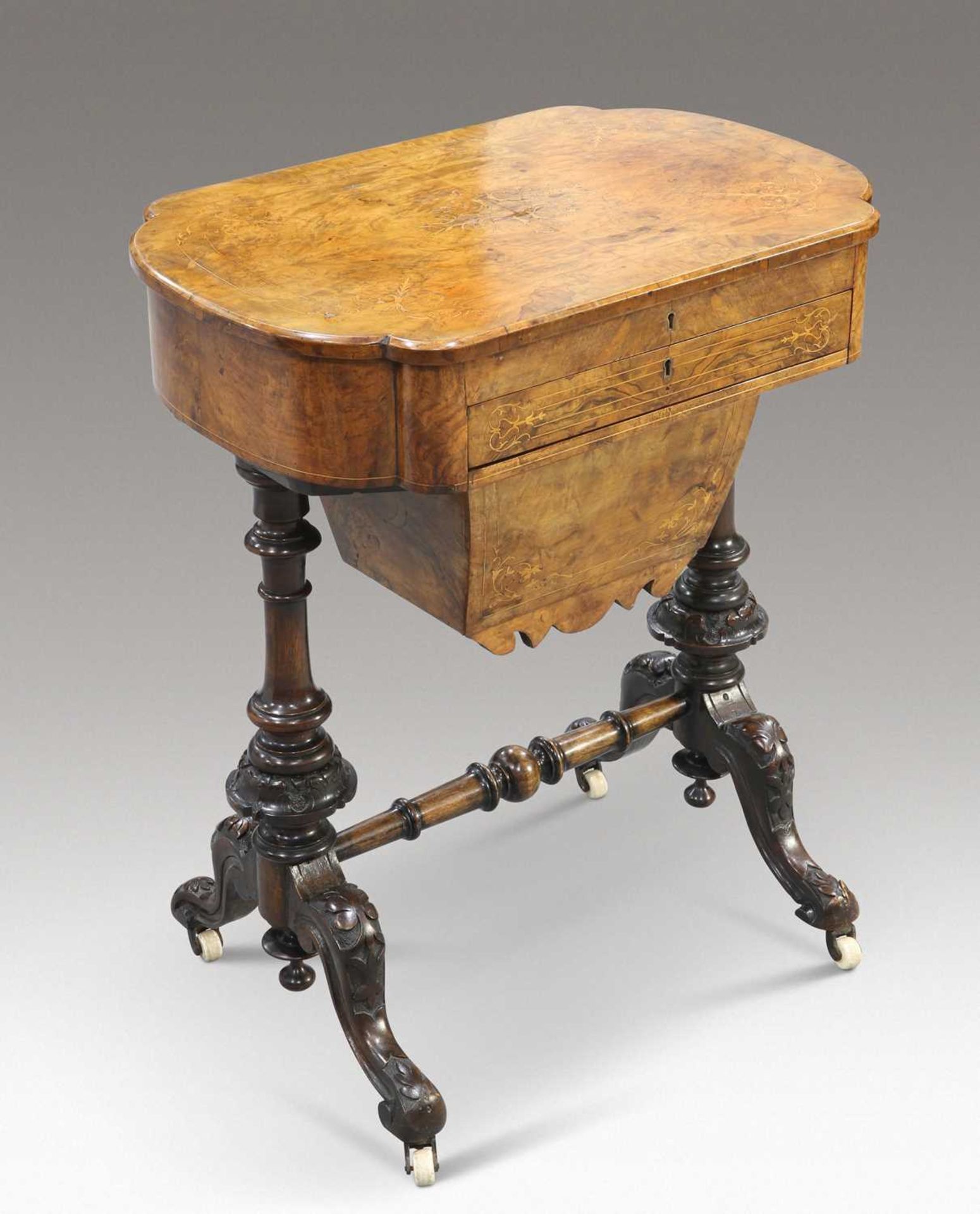 A VICTORIAN INLAID BURR WALNUT WORK/WRITING TABLE - Image 2 of 5