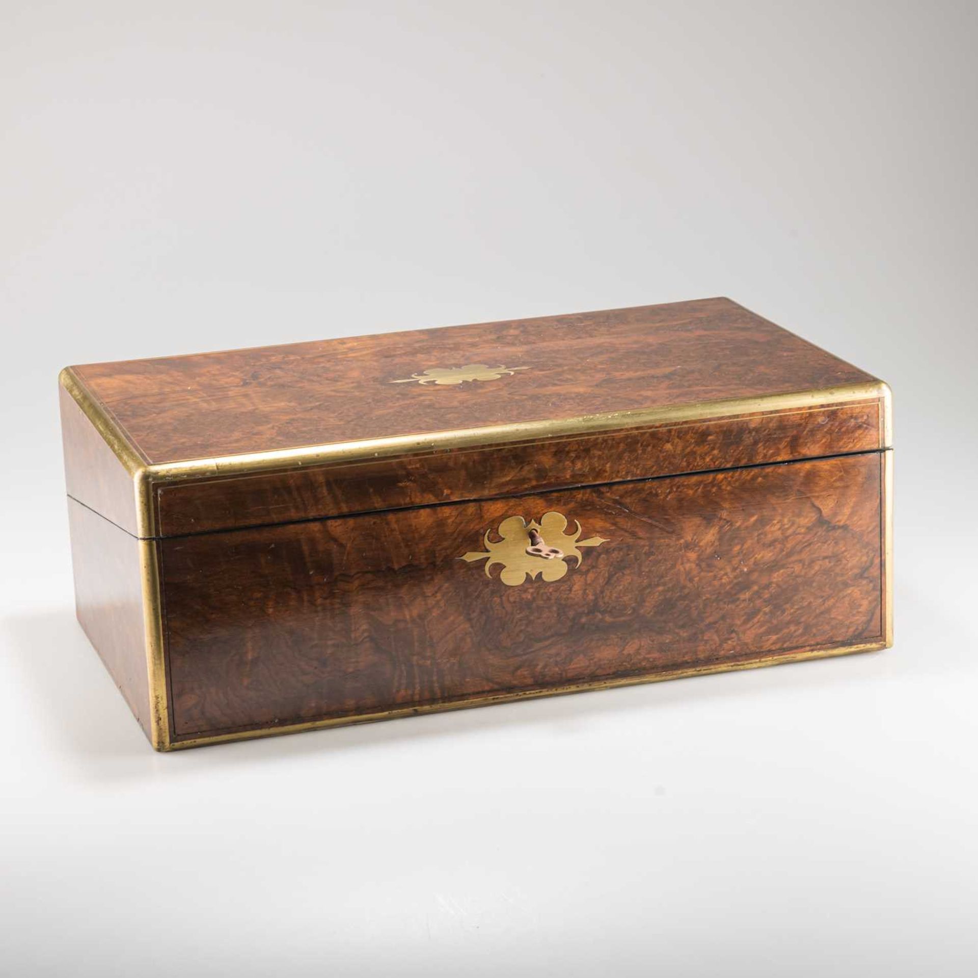 A 19TH CENTURY BURR WALNUT AND BRASS-BOUND WRITING SLOPE