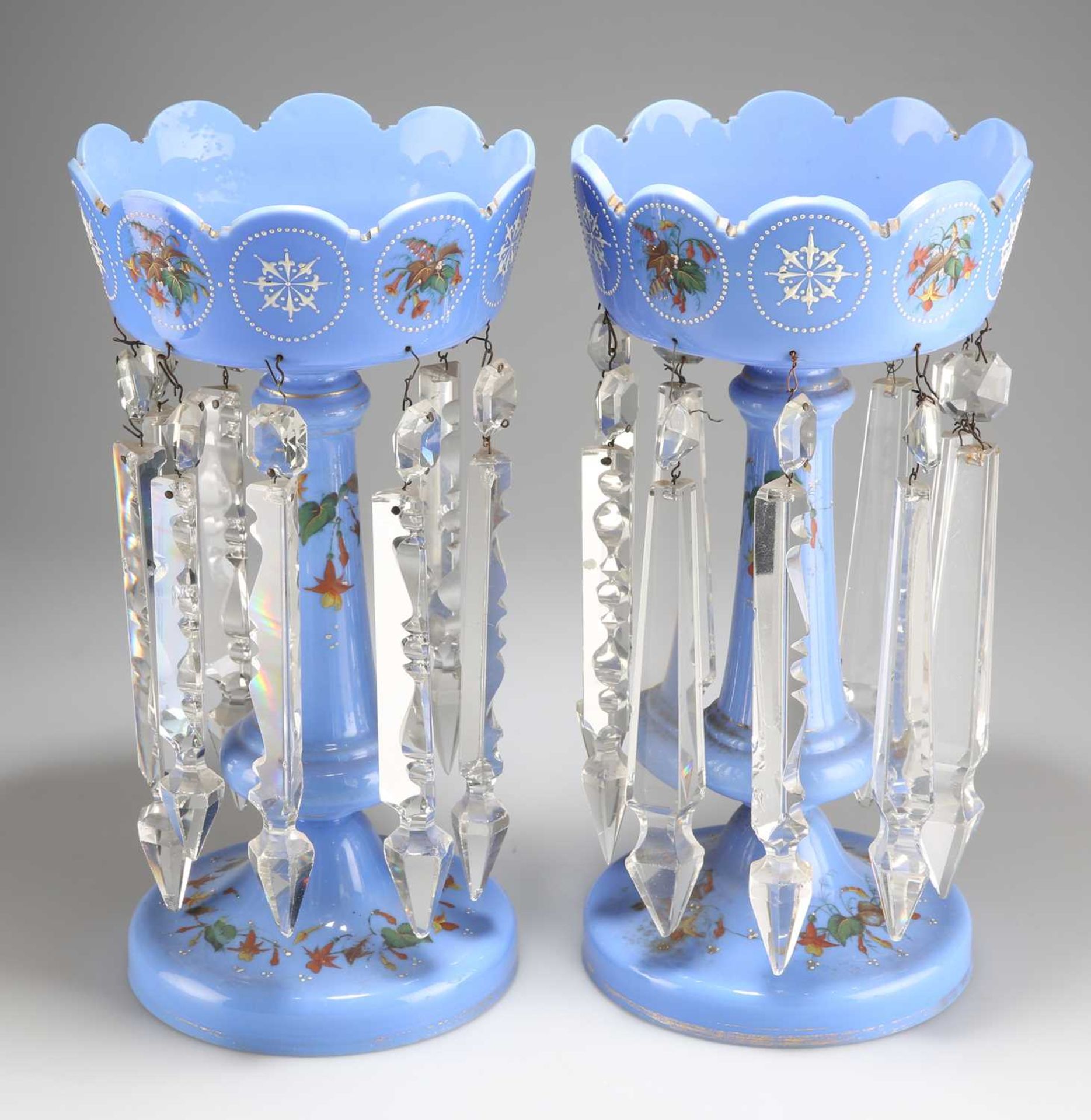 A PAIR OF VICTORIAN BLUE GLASS TABLE LUSTRES