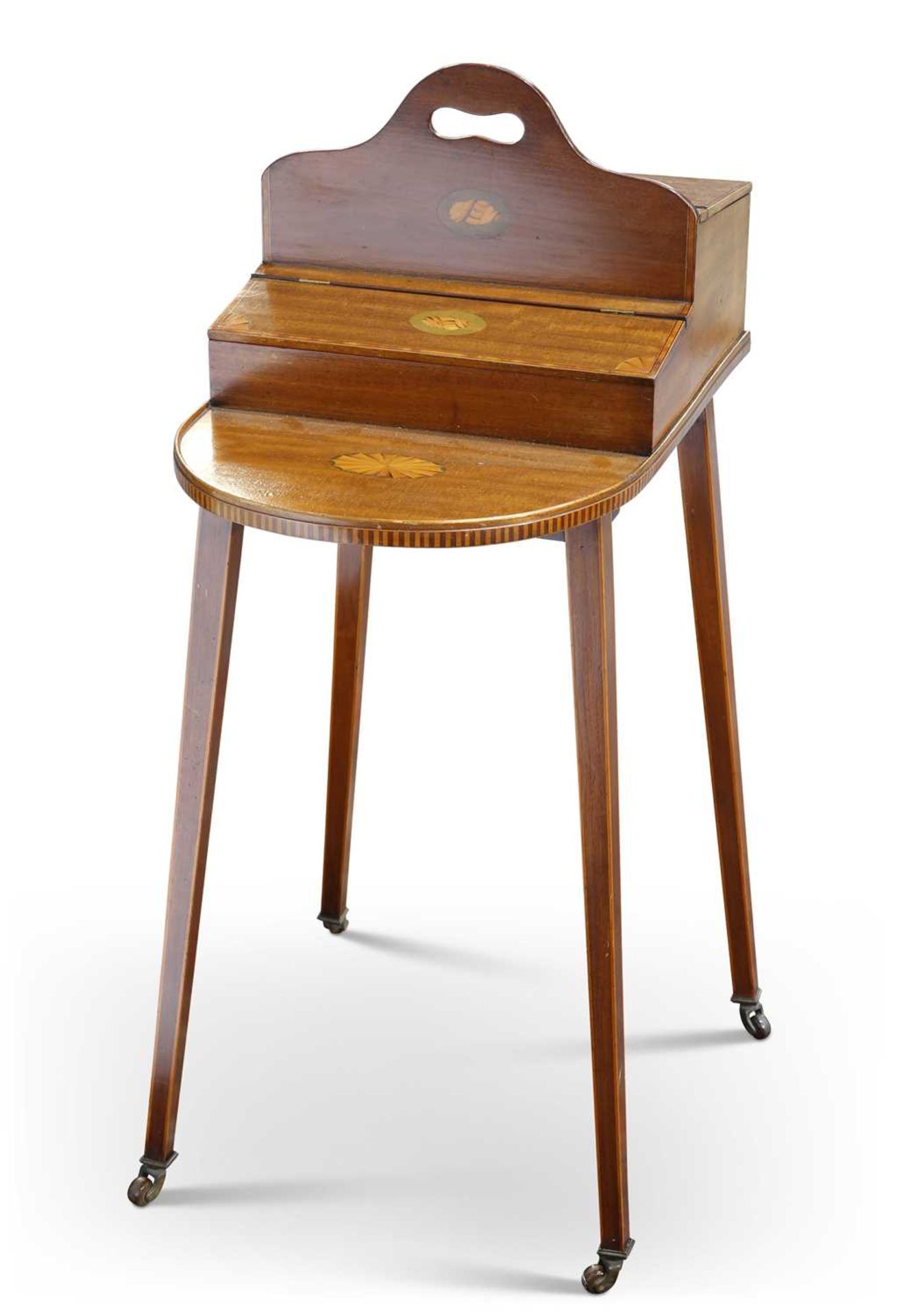 A SHERATON REVIVAL INLAID MAHOGANY BUTLER'S CANTERBURY, CIRCA 1900