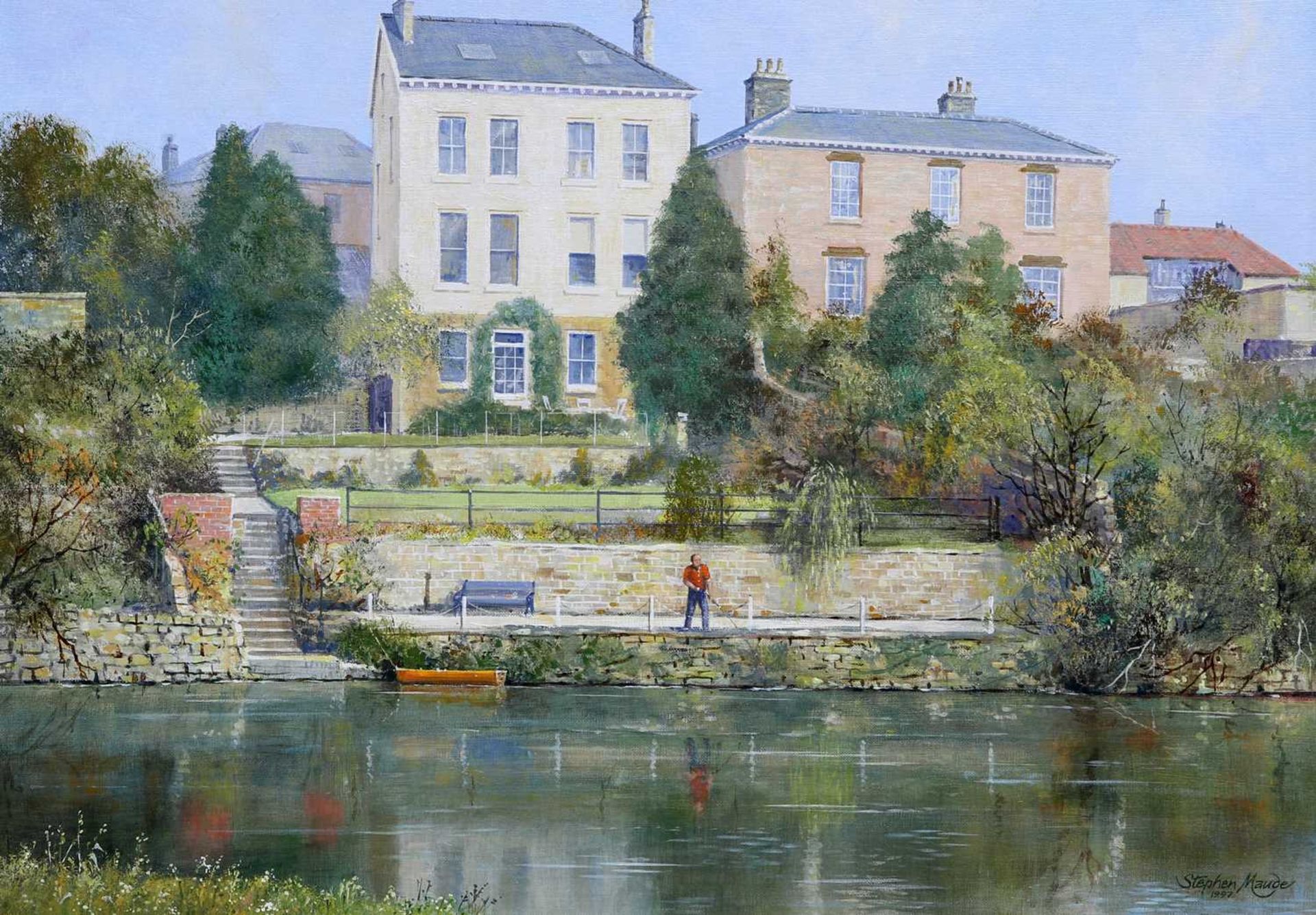 STEPHEN MAUDE (BRITISH, 20TH CENTURY) ACROSS THE WHARFE TO FORD BANK, WETHERBY