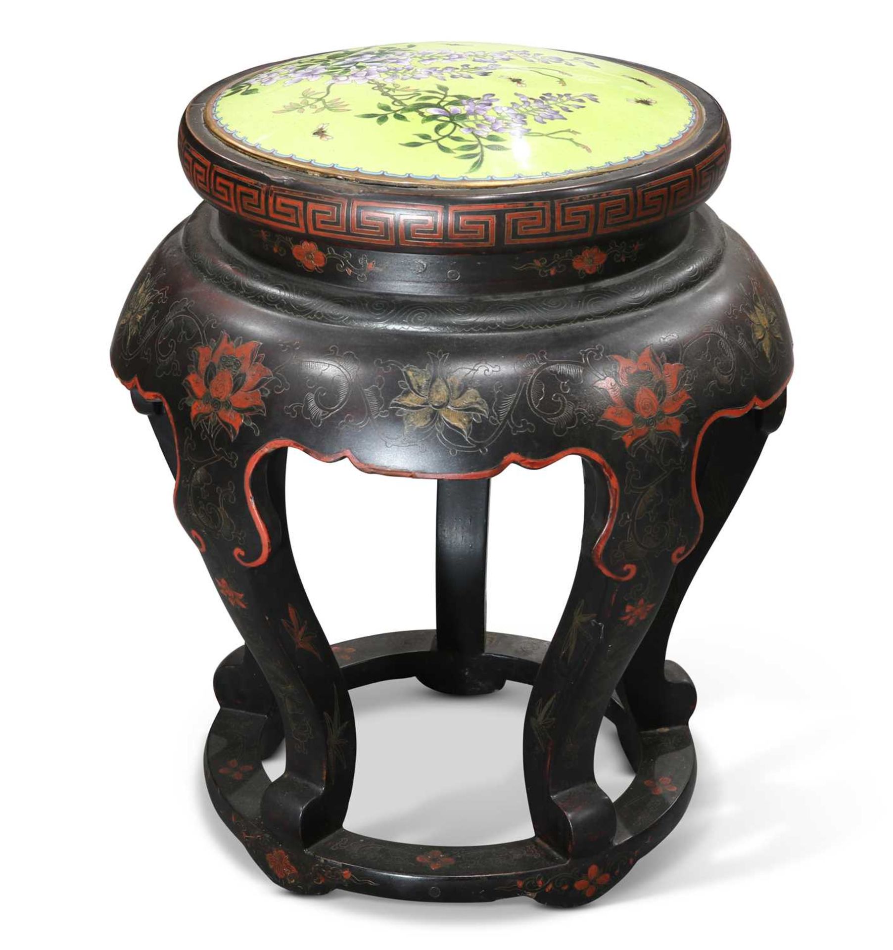 A CHINESE LACQUER AND CLOISONNÉ ENAMEL SEAT, CIRCA 1900