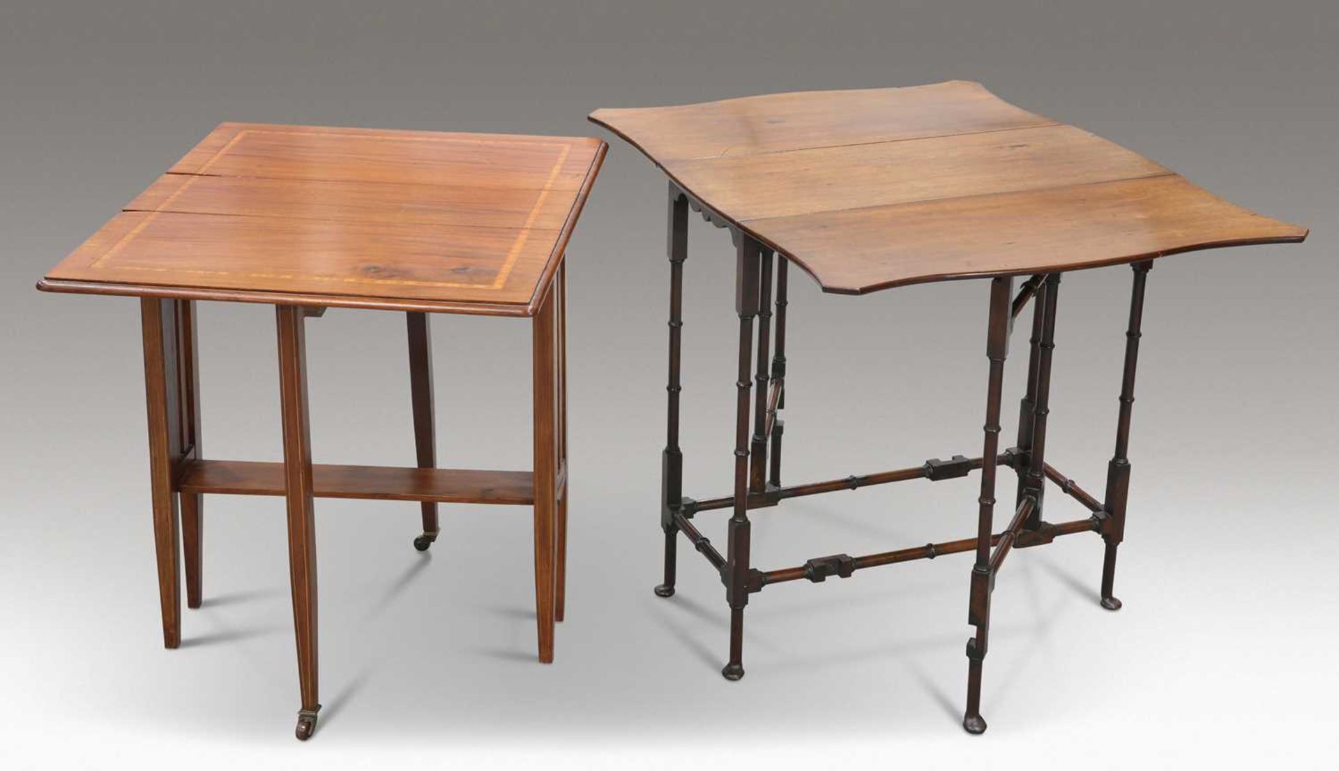 AN EDWARDIAN INLAID MAHOGANY SUTHERLAND TABLE AND A SPIDER-LEG TABLE - Bild 2 aus 2