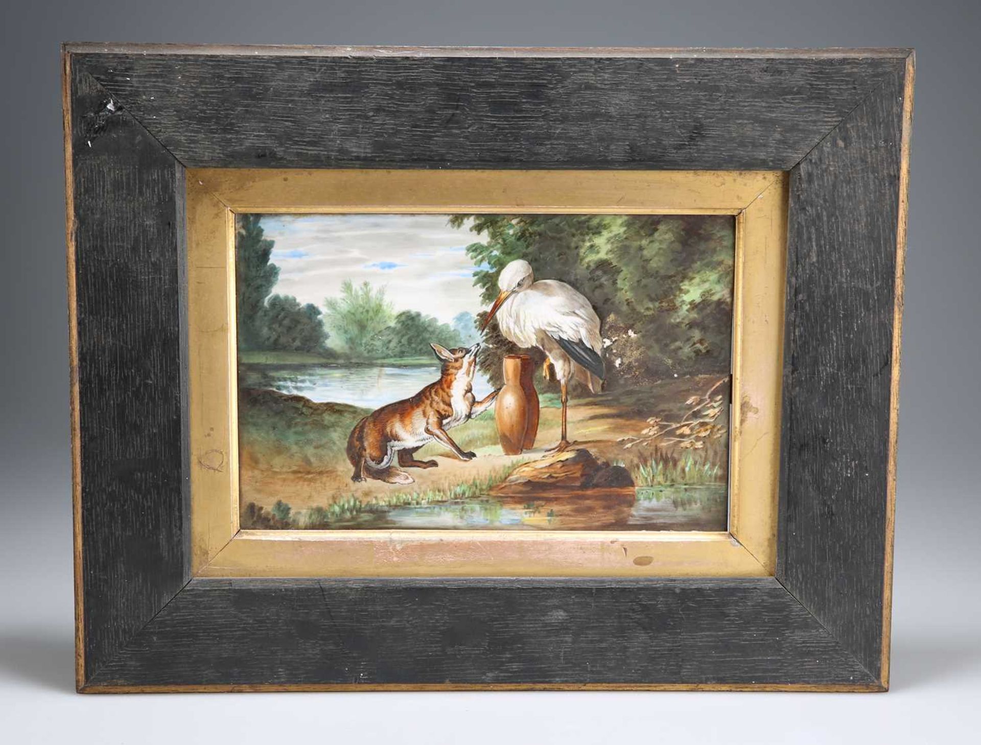 AESOP'S FABLES, A 19TH CENTURY CONTINENTAL PORCELAIN PLAQUE