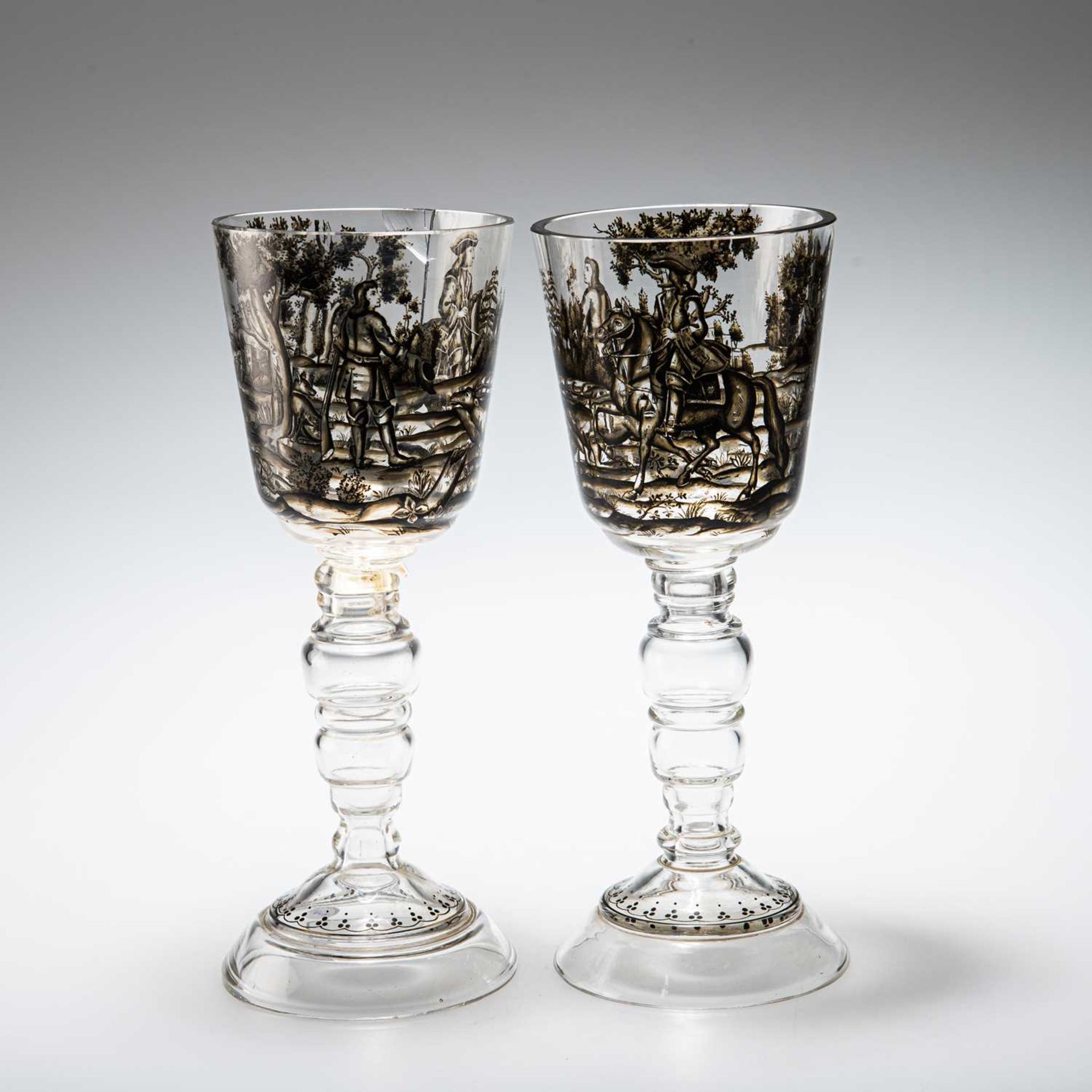 ATTRIBUTED TO JOSEF LENHARDT OF STEINSCHÖNAU, A PAIR OF SCHWARZLOT GLASS GOBLETS