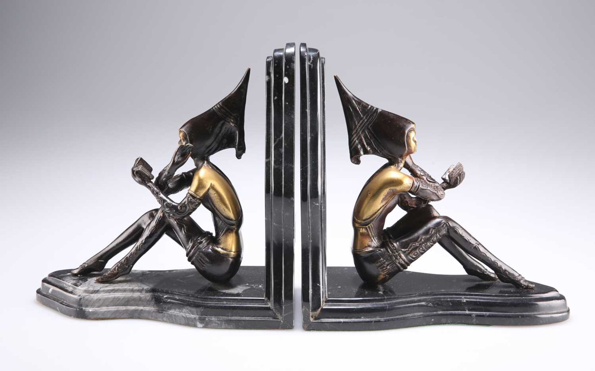 AFTER LORENZL, A PAIR OF ART DECO STYLE BRONZE AND MARBLE BOOKENDS - Image 2 of 3